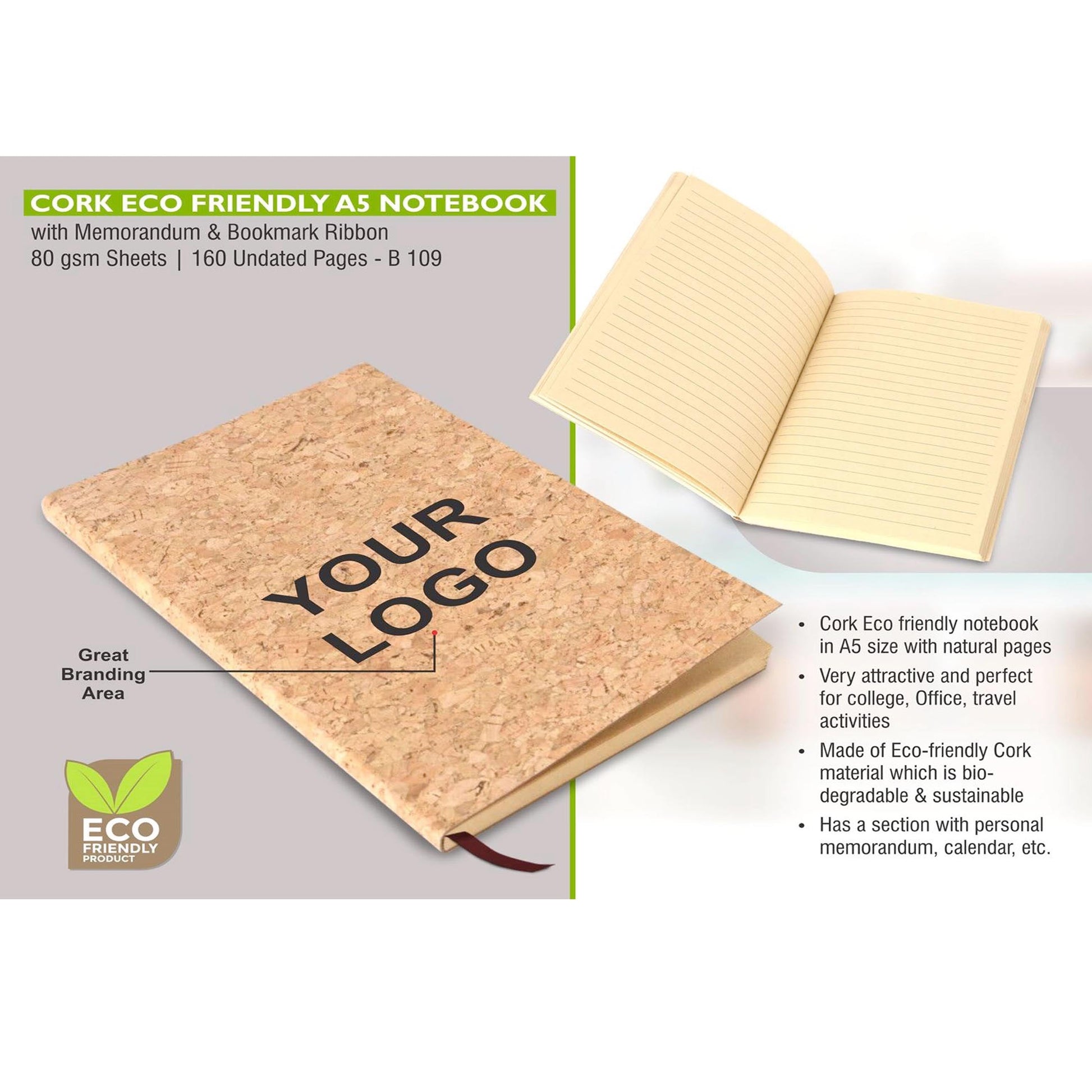 Cork Eco friendly A5 notebook with memorandum & Bookmark ribbon - B 109 MARSH Corporate gifts