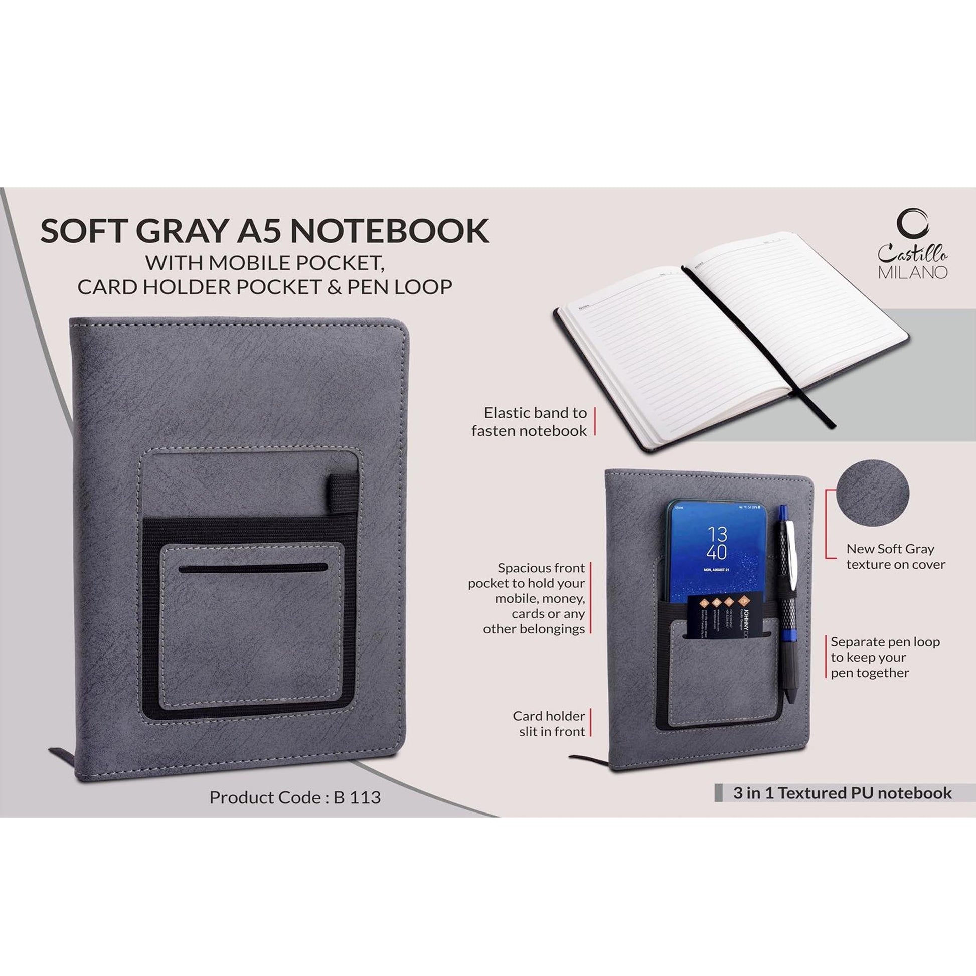 Soft Gray A5 notebook with mobile pocket, card holder pocket & pen loop by Castillo Milano - B 113 MARSH Corporate gifts