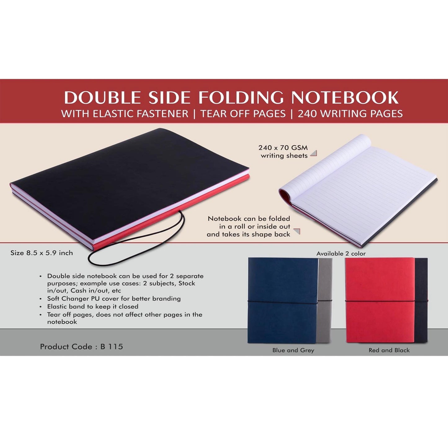 Double side folding notebook with Elastic Fastener | Tear off Pages - B 115 MARSH Corporate gifts