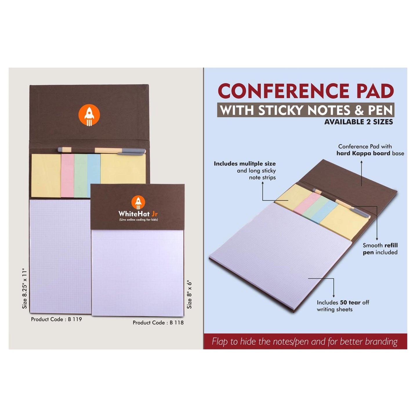 Conference Pad with Sticky notes & Pen | Size 8" x 6" | 50  writing sheets - B 118 MARSH Corporate gifts