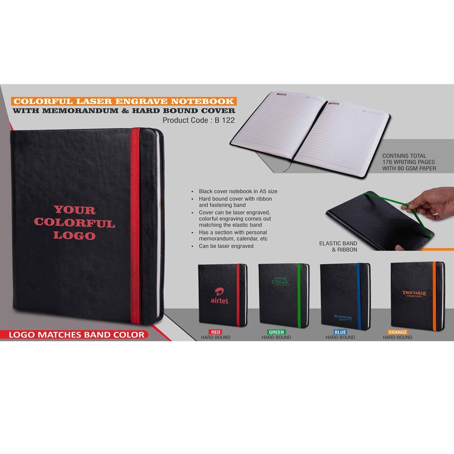 Colorful Laser engrave notebook with Memorandum & Hard bound cover  -  B 122 MARSH Corporate gifts