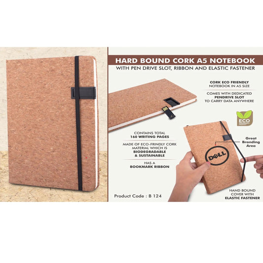 Hard bound Cork A5 notebook with Pen Drive Slot, Ribbon and elastic fastener -  B 124 MARSH Corporate gifts