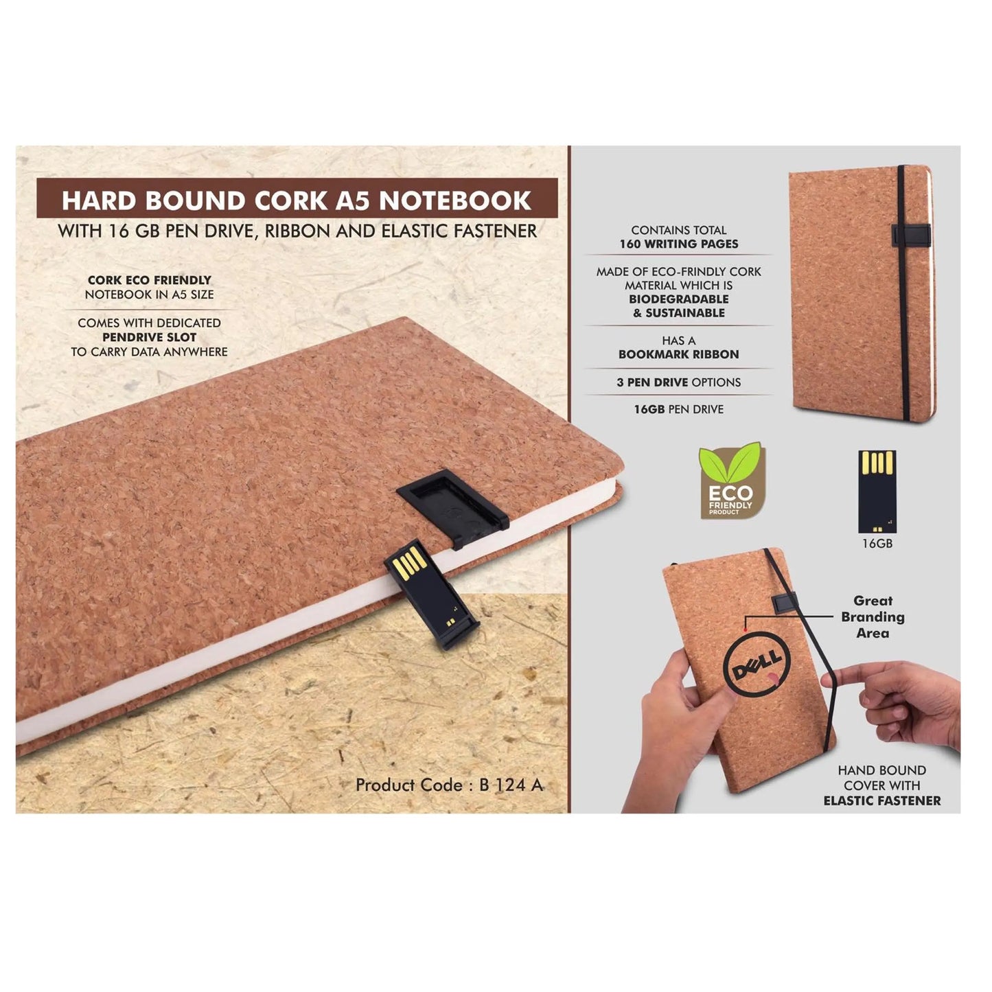 Hard bound Cork A5 notebook with Pen Drive, Ribbon and  elastic fastener- 16 GB USB drive - B 124 A MARSH Corporate gifts