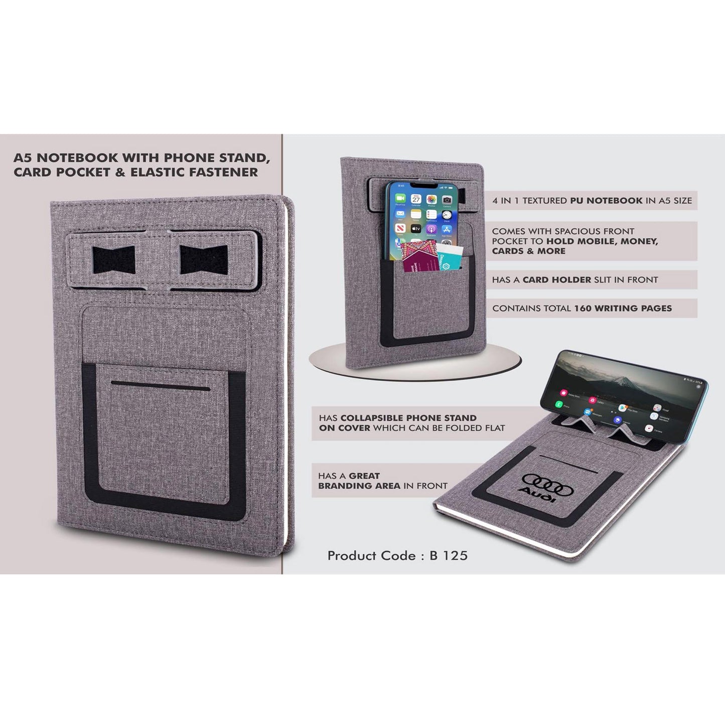 A5 notebook with Phone stand, card pocket, mobile pocket, pen loop & Elastic fastener  -  B 125 MARSH Corporate gifts