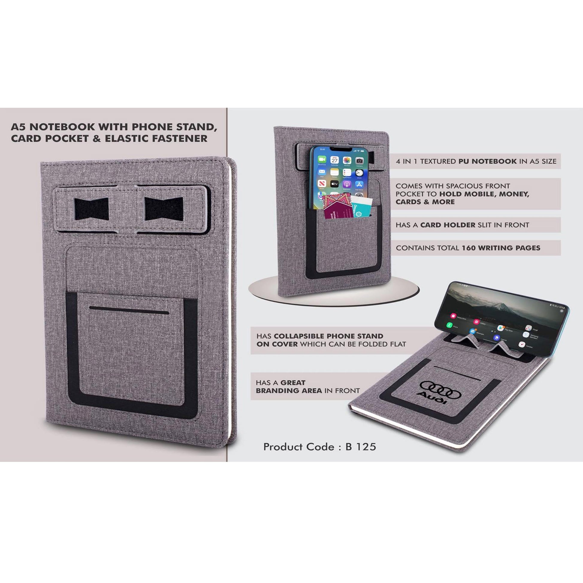 A5 notebook with Phone stand, card pocket, mobile pocket, pen loop & Elastic fastener  -  B 125 MARSH Corporate gifts