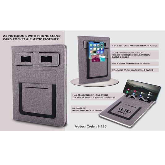 A5 notebook with Phone stand, card pocket, mobile pocket, pen loop & Elastic fastener  -  B 125 MARSH Corporate gifts
