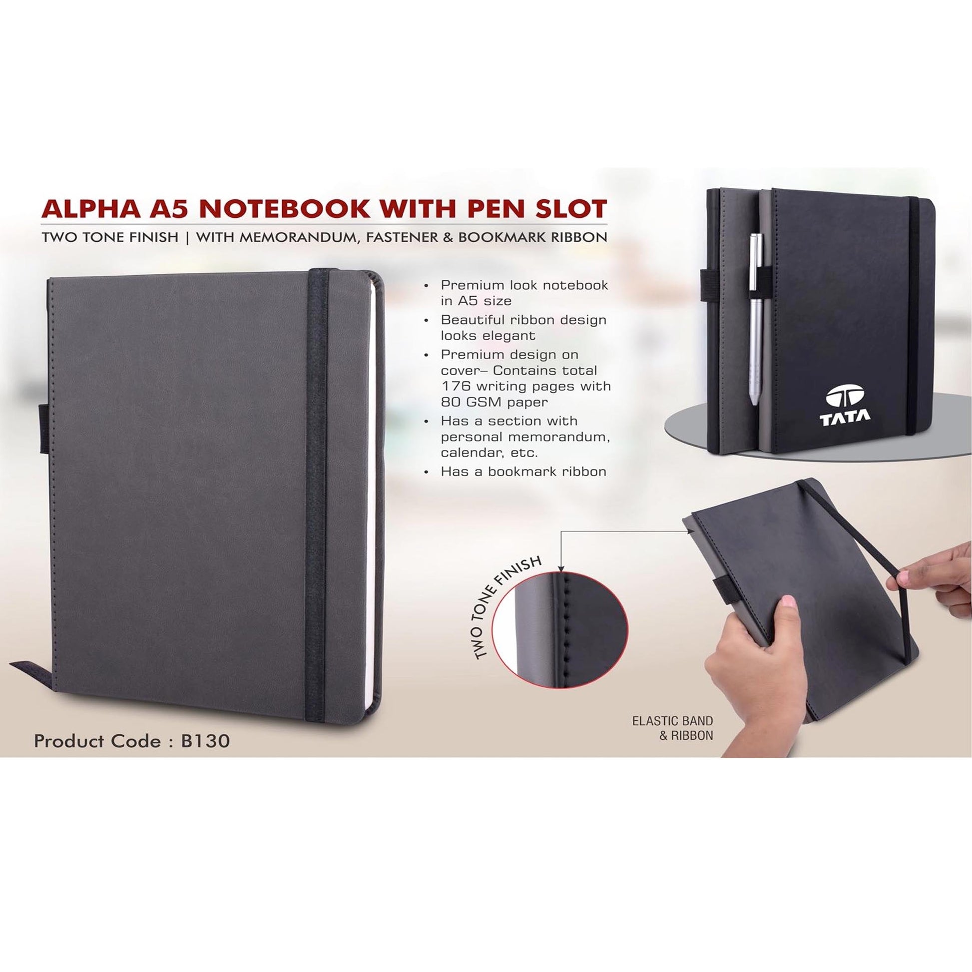 Alpha A5 notebook with Pen Slot | Two tone finish | With memorandum, Fastener & Bookmark ribbon  -  B 130 MARSH Corporate gifts