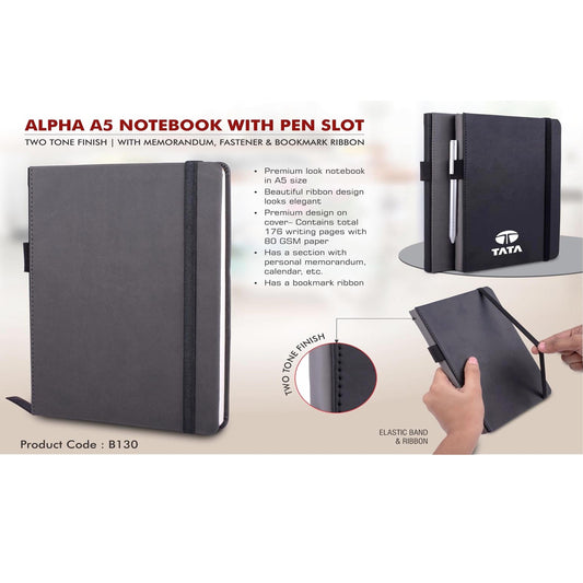 Alpha A5 notebook with Pen Slot | Two tone finish | With memorandum, Fastener & Bookmark ribbon  -  B 130 MARSH Corporate gifts