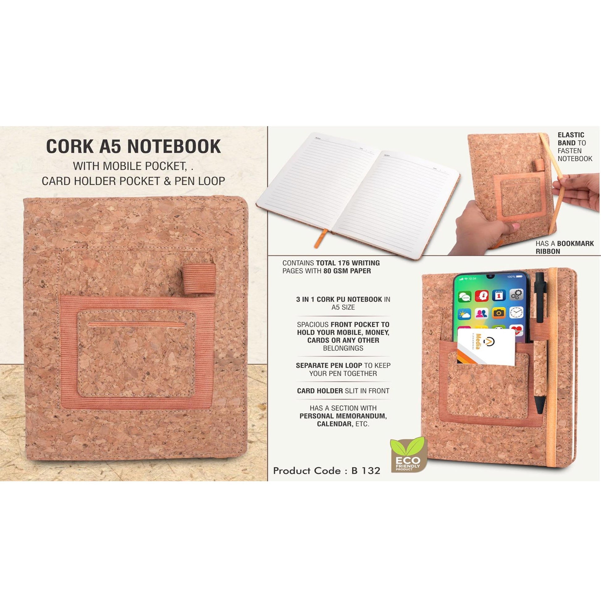 Cork A5 notebook with mobile pocket, card holder pocket & pen loop -  B 132 MARSH Corporate gifts