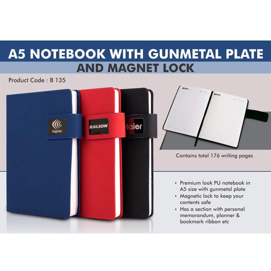 A5 Notebook with Gunmetal plate and Magnet lock | Hard bound cover -  B 135 MARSH Corporate gifts
