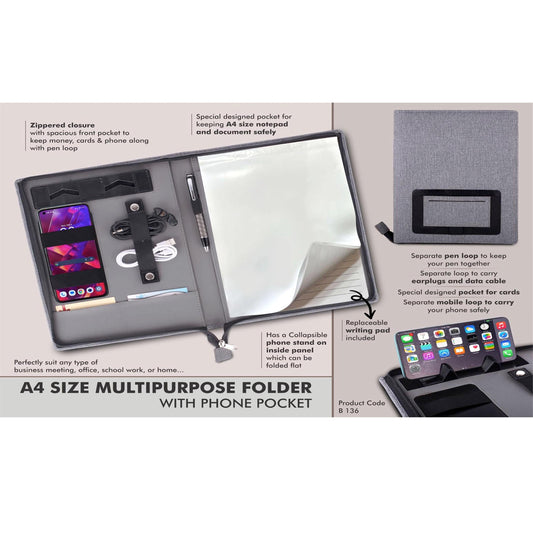 A4 size multipurpose folder with Writing pad and phone pocket | Complete Zipper enclosure -  B 136 MARSH Corporate gifts