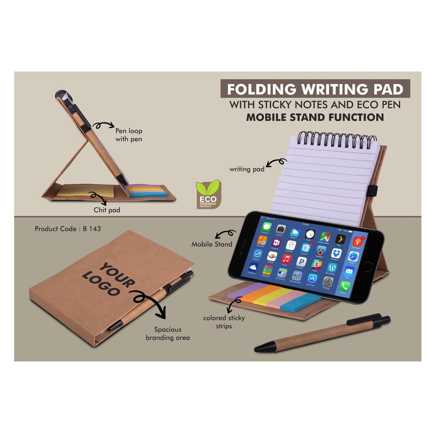 Folding writing pad with Sticky notes and Eco pen | Mobile stand  function - B 143 MARSH Corporate gifts