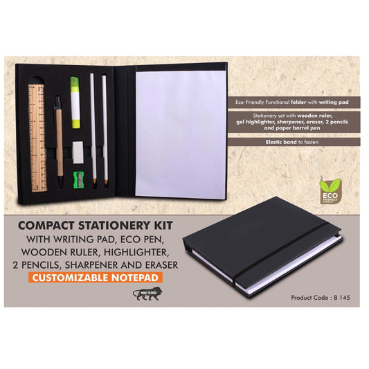 Compact Stationery kit with Writing pad, Eco Pen, Wooden  Ruler, Highlighter, 2 Pencils, Sharpener and Eraser |  Customizable notepad - B 145 MARSH Corporate gifts