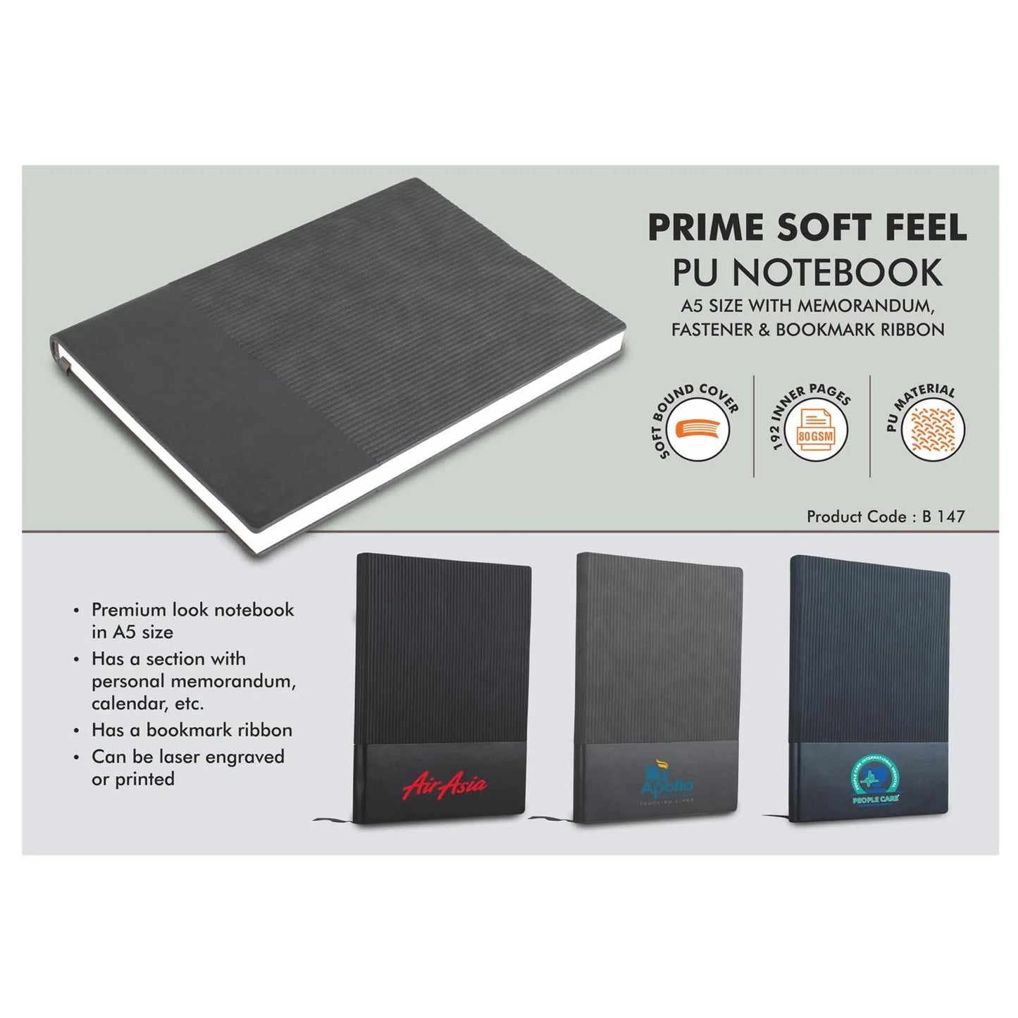 Prime Soft feel PU notebook | A5 size | With memorandum &  Bookmark ribbon - B 147 MARSH Corporate gifts