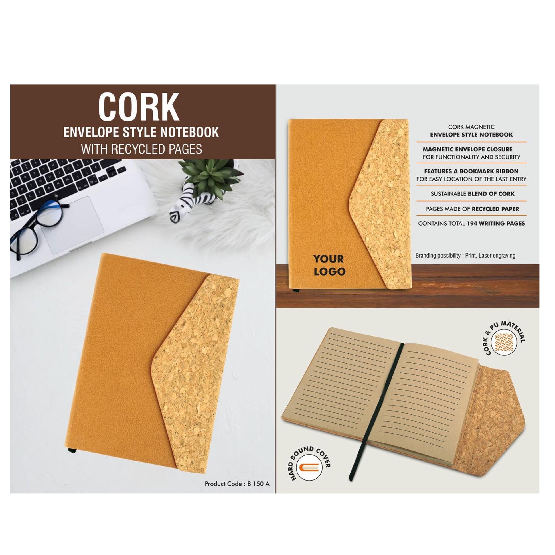 Cork Magnetic Envelope style Notebook with recycled pages - B 150 A MARSH Corporate gifts