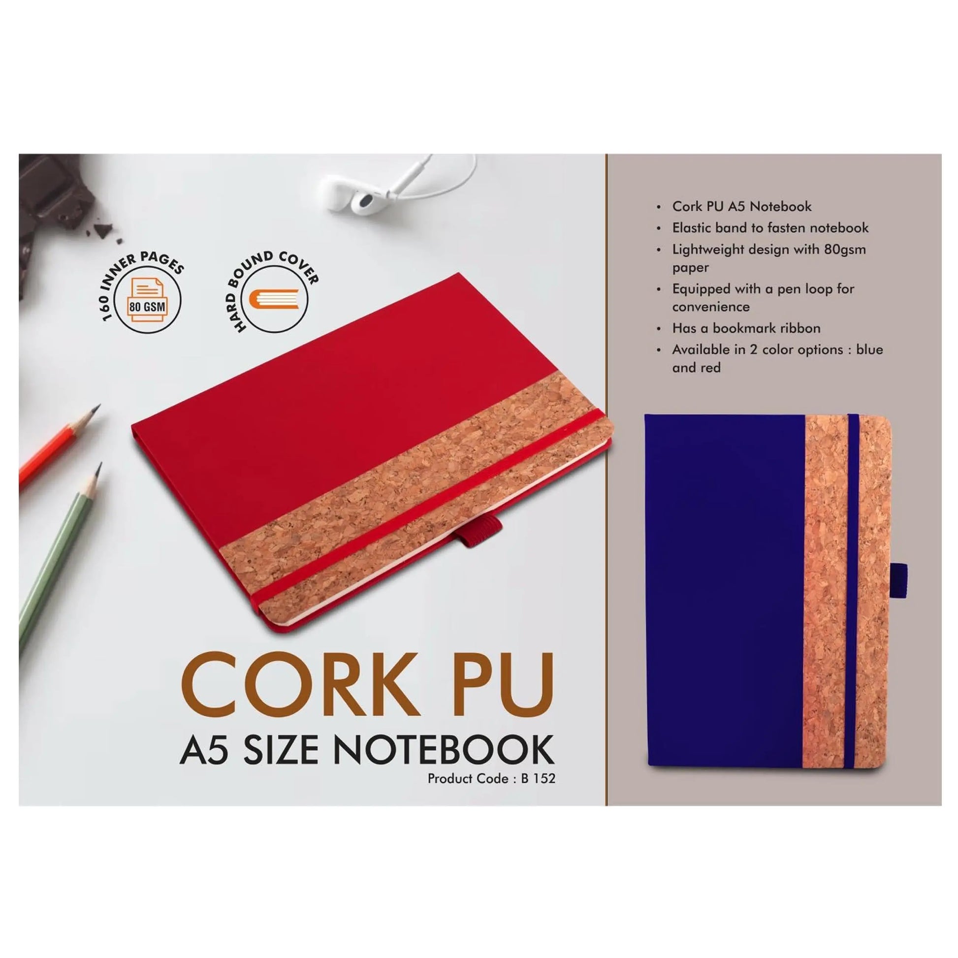 PU Cork Notebook with Elastic Fastener | 160 inner pages - B 152 MARSH Corporate gifts