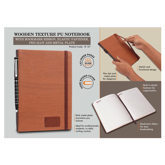 Wooden texture PU notebook with bookmark ribbon, elastic  fastener, pen slot and Metal Plate - B 157 MARSH Corporate gifts