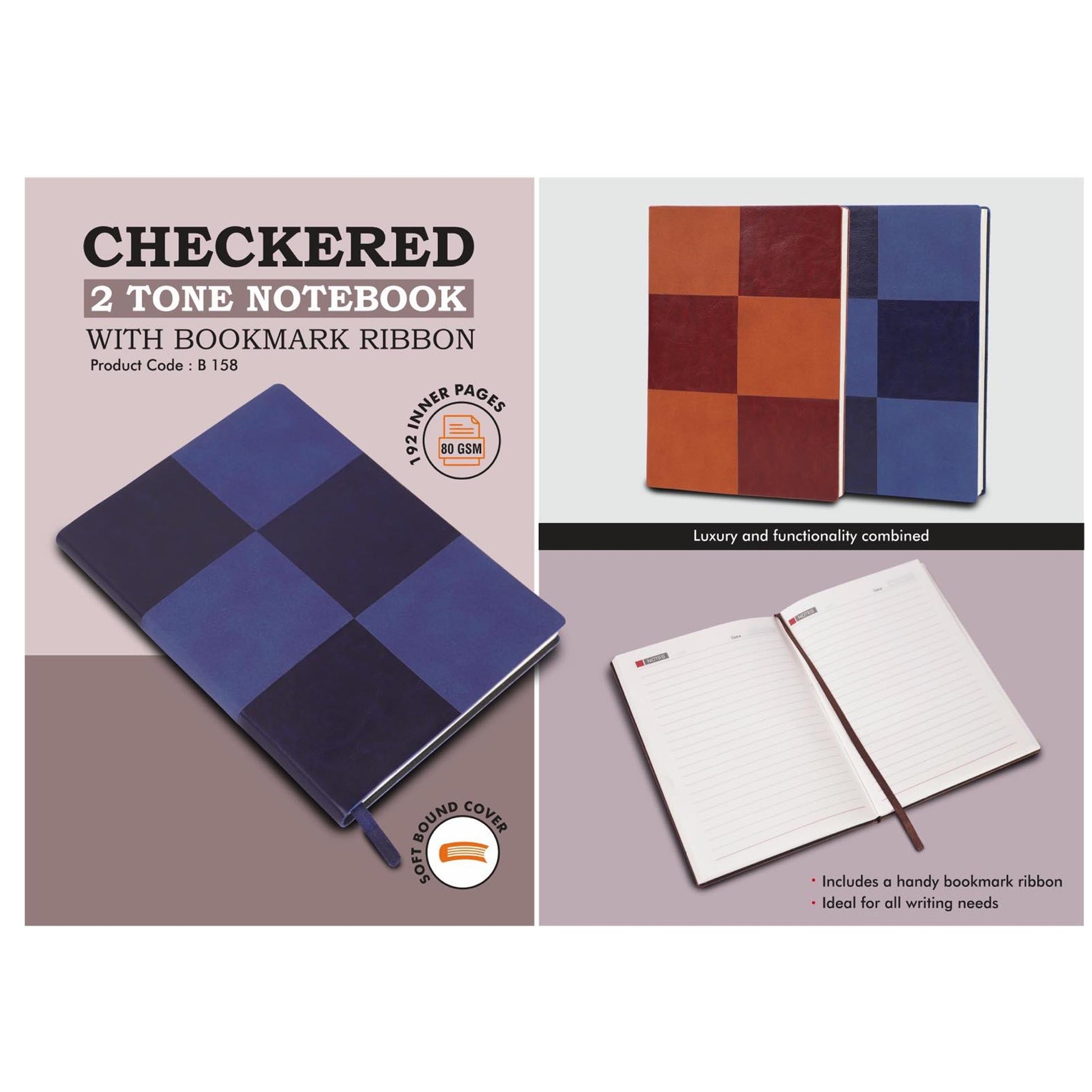 Checkered 2 tone Notebook with bookmark ribbon - B 158 MARSH Corporate gifts