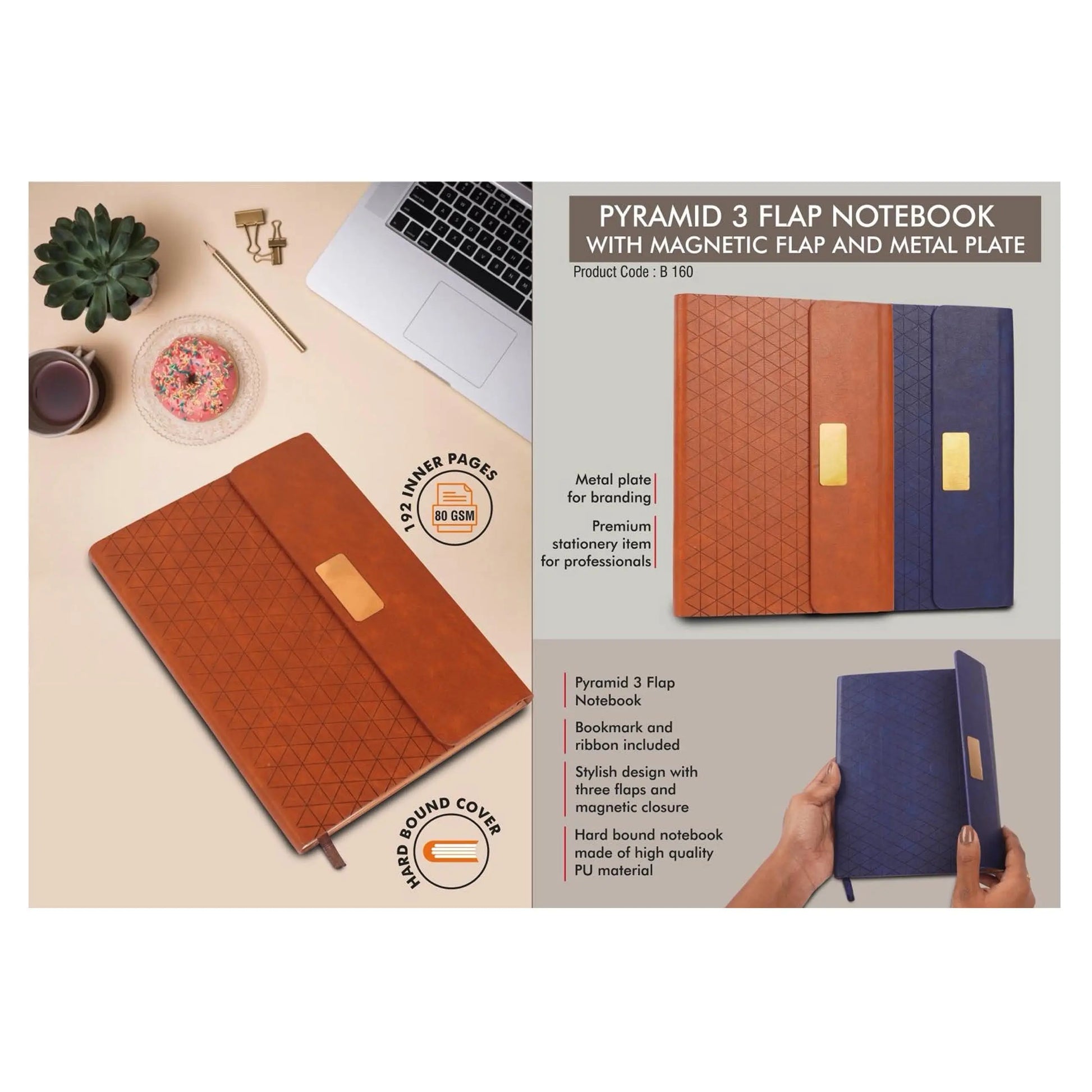 Pyramid 3 fold notebook with Magnetic flap and metal plate - B 165 MARSH Corporate gifts