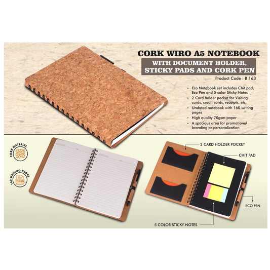 Cork Wiro notebook with Document Holder, Sticky pads and  Cork Pen | A5 size - B 163 MARSH Corporate gifts