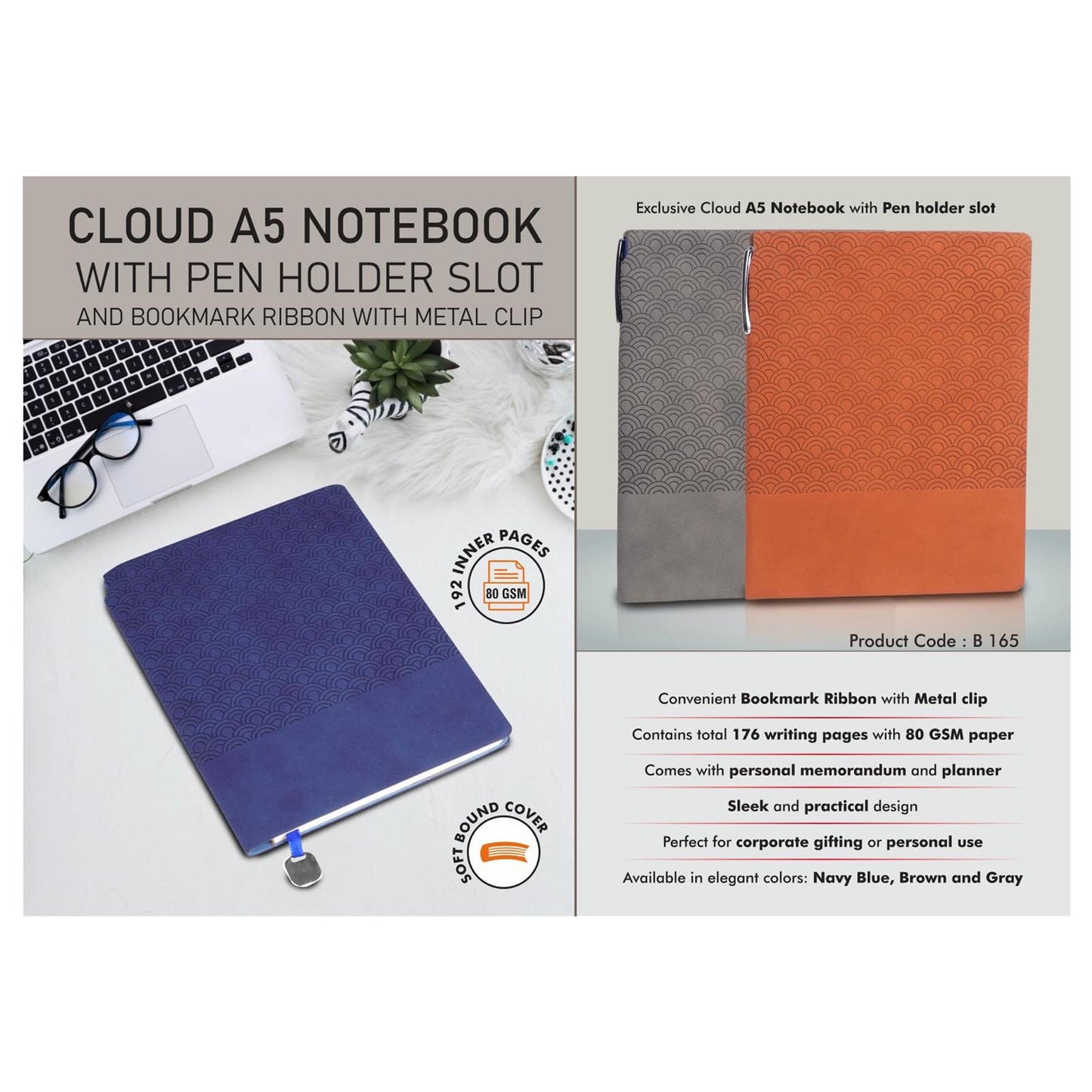 Cloud A5 Notebook with Pen holder slot and Bookmark Ribbon  with Metal clip - B 165 MARSH Corporate gifts