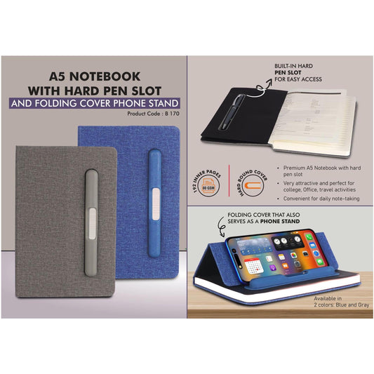 A5 Notebook with Hard pen slot and Folding cover Phone Stand - B 170 MARSH Corporate gifts