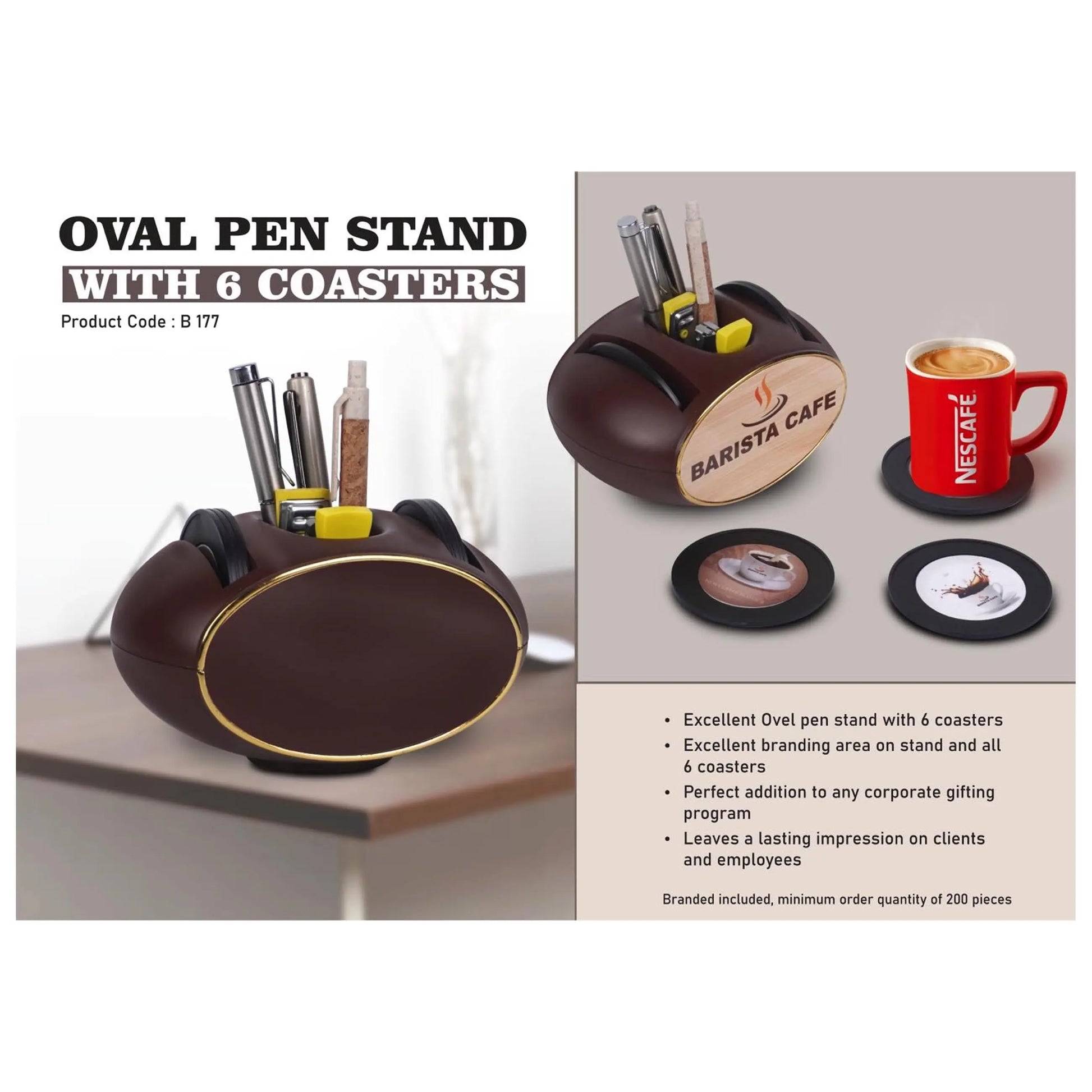 Oval Pen stand with 6 coasters | Branding included MOQ 200 pc  - B 177 MARSH Corporate gifts