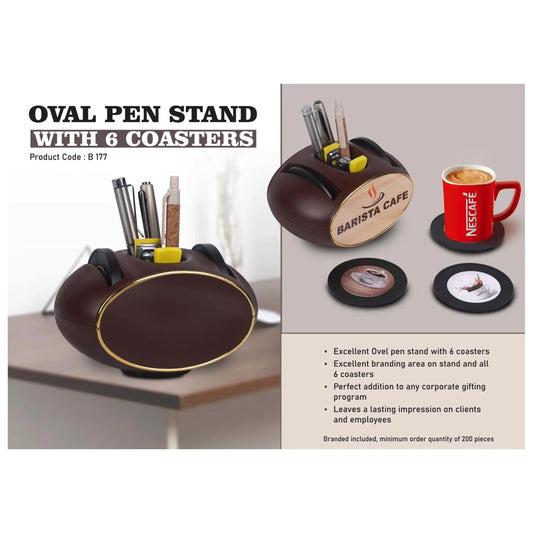Oval Pen stand with 6 coasters | Branding included MOQ 200 pc  - B 177 MARSH Corporate gifts