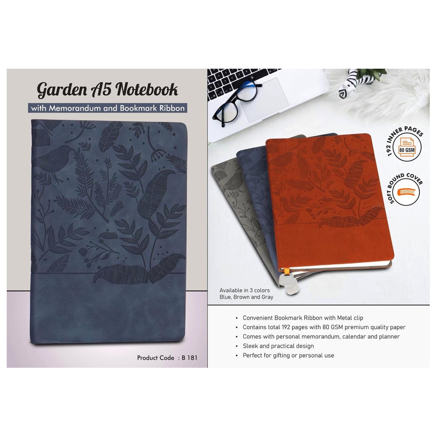 Garden A5 Notebook with Memorandum and Bookmark Ribbon - B 181 MARSH Corporate gifts