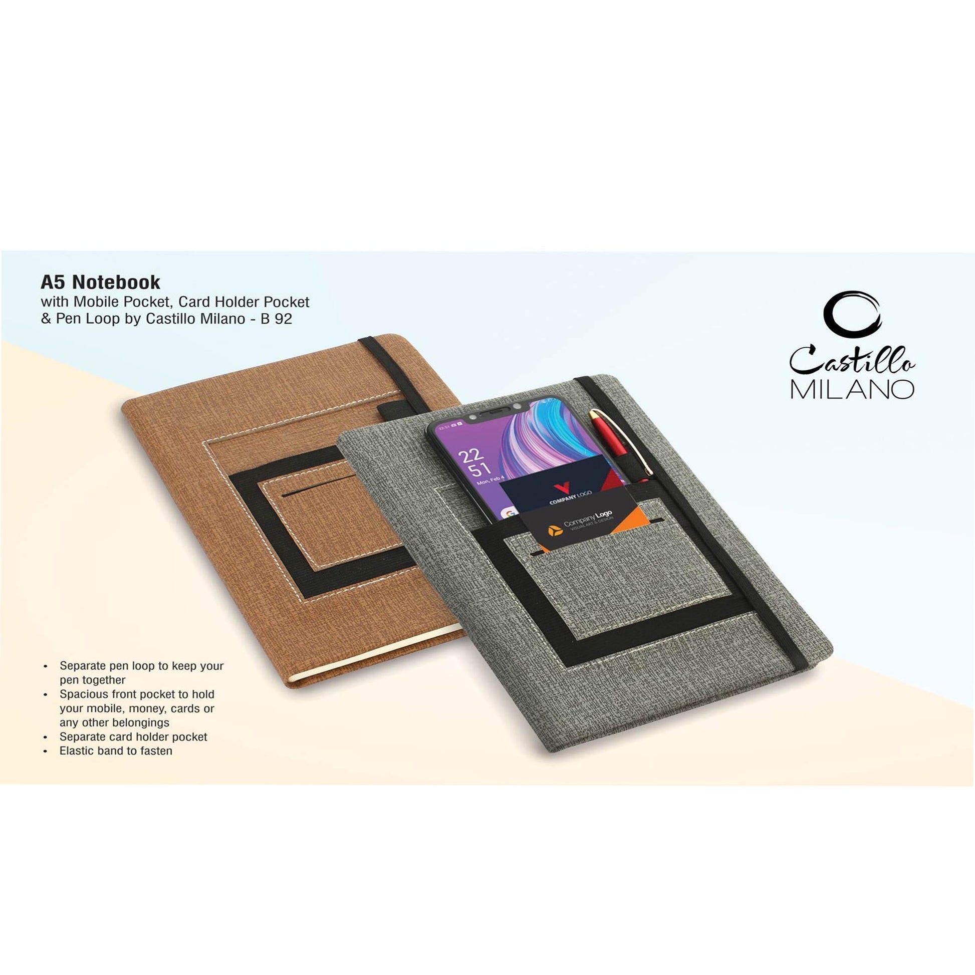 A5 notebook with mobile pocket, card holder pocket & pen loop by Castillo Milano- B 92b MARSH Corporate gifts
