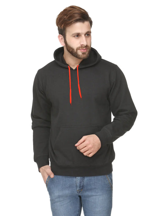 Man wearing black hoodie with red drawstrings and front pocket, casual promotional apparel