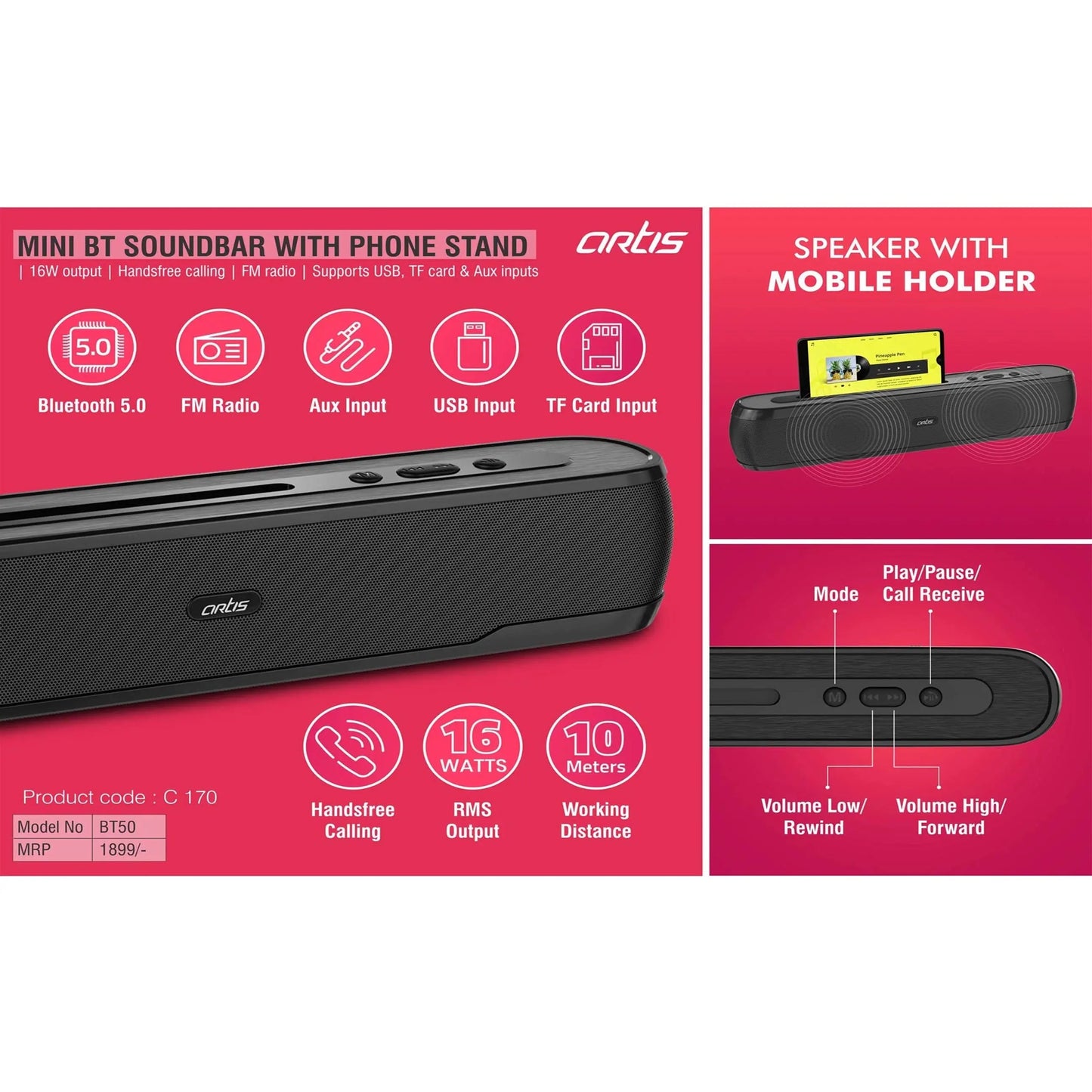 Ortis Mini BT Soundbar with Phone stand | 16W output | Handsfree calling | FM radio | Supports USB, TF card & Aux inputs -  C 170 MARSH Corporate gifts
