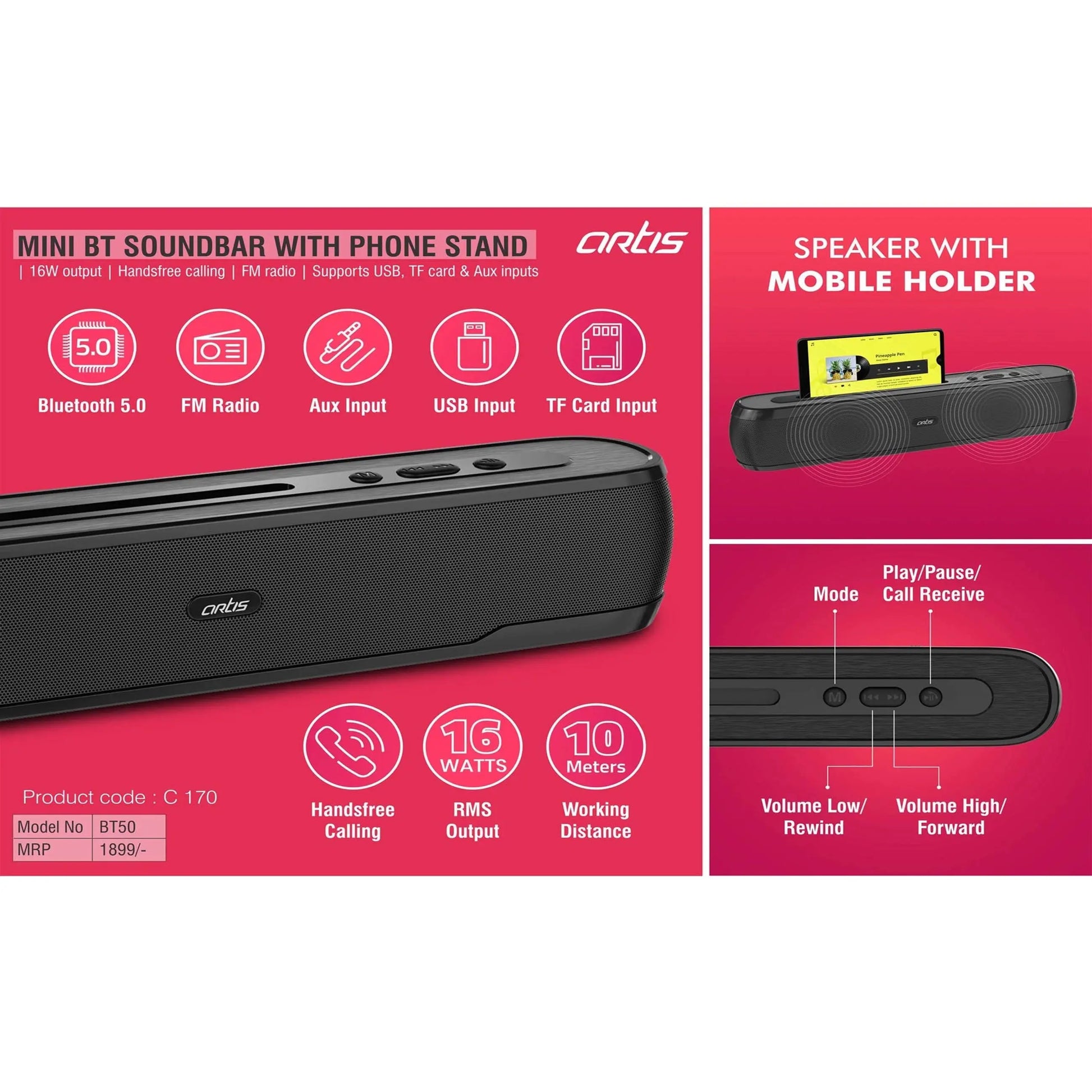 Ortis Mini BT Soundbar with Phone stand | 16W output | Handsfree calling | FM radio | Supports USB, TF card & Aux inputs -  C 170 MARSH Corporate gifts