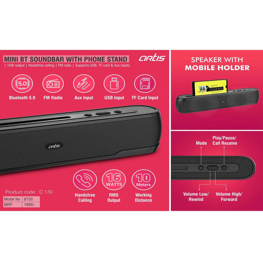 Ortis Mini BT Soundbar with Phone stand | 16W output | Handsfree calling | FM radio | Supports USB, TF card & Aux inputs -  C 170 MARSH Corporate gifts