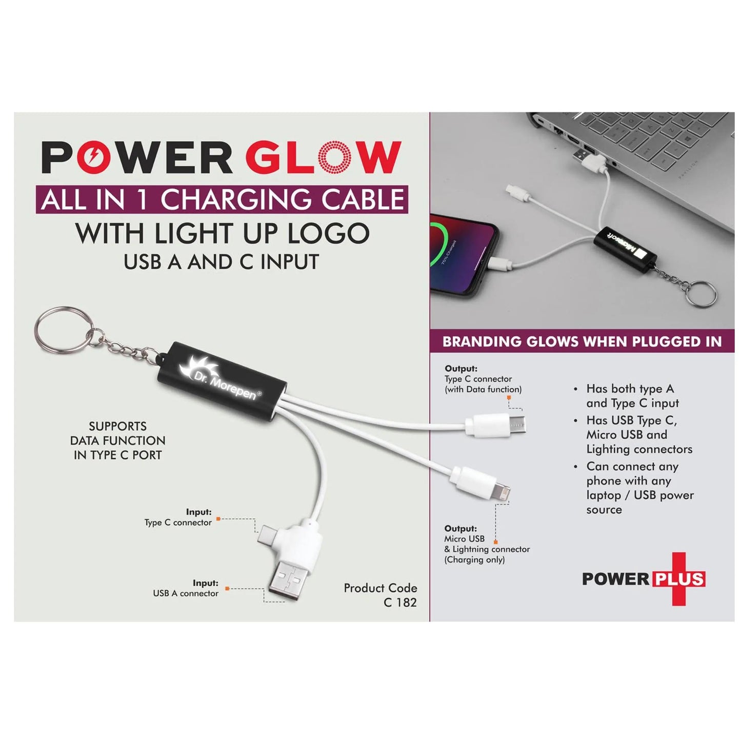 PowerGlow All in 1 Charging cable with light up logo | Supports  Data Function in Type C port | USB A and C input -  C 182 MARSH Corporate gifts
