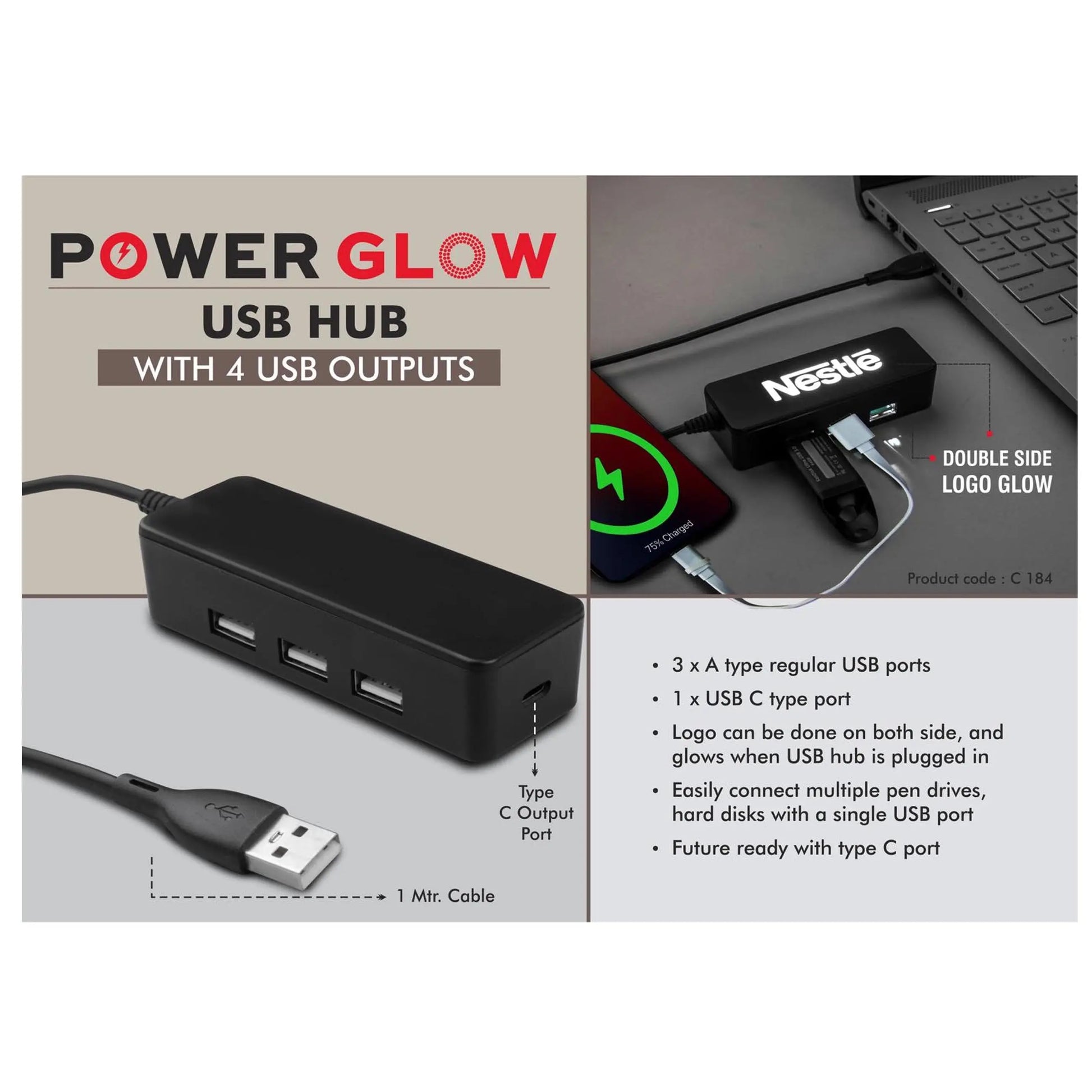 PowerGlow USB hub with 4 USB outputs | Double side Logo  Glow | Type C output port | 1 mtr cable - C 184 MARSH Corporate gifts