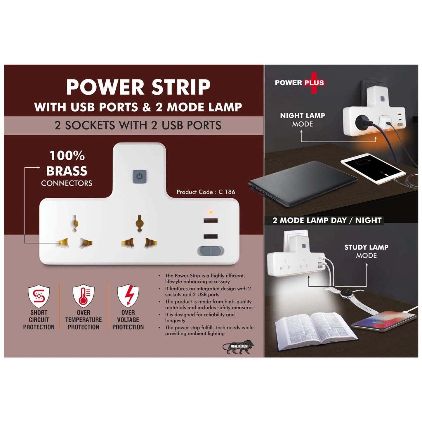Power Strip with USB ports & Night Lamp | 2 sockets with 2 USB  ports | 2 mode lamp -  C 186 MARSH Corporate gifts