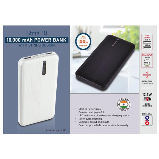 Strix 10: 10,000 mAh Power bank with Strips design | 12.5W  output | Dual USB output & inputs - C 190 MARSH Corporate gifts
