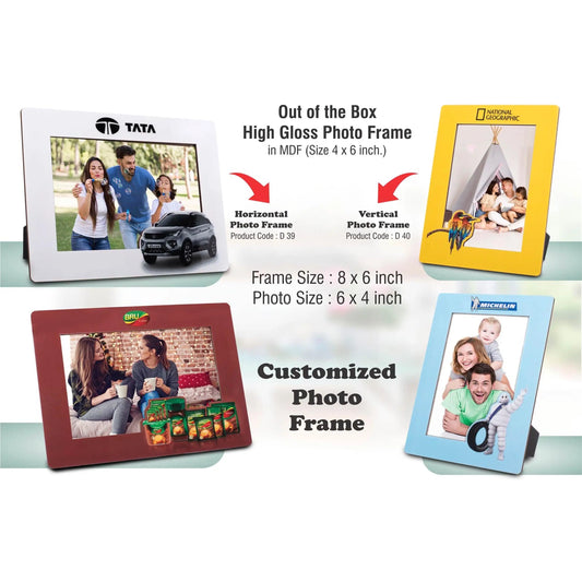 Out of the box High Gloss Photo Frame in MDF | With customized frame & insert | Photo size 4x6 inch | Vertical | MOQ 100 pcs - D 40 MARSH Corporate gifts