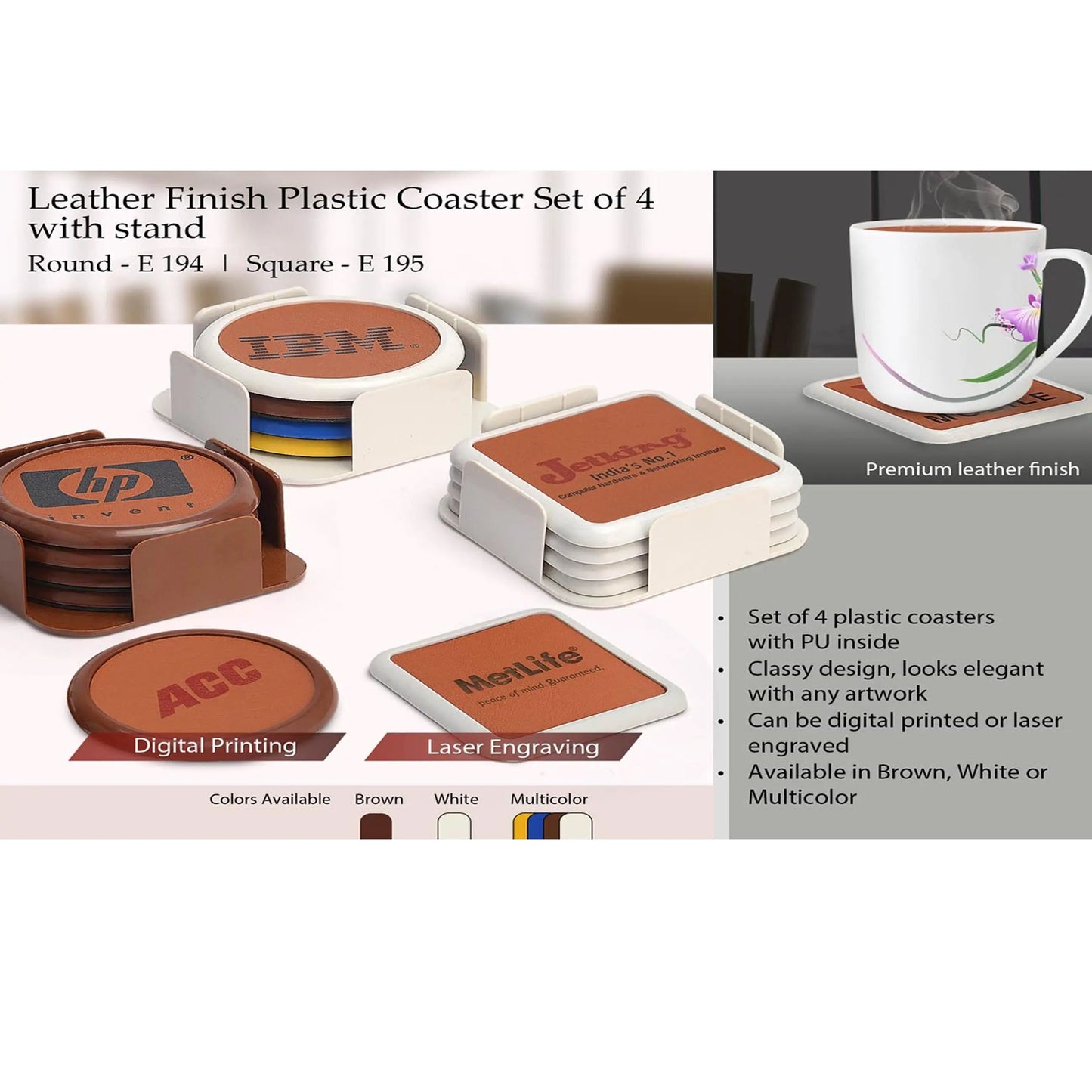 Leather finish Plastic coaster set of 4 with stand (round) -  E 194 MARSH Corporate gifts