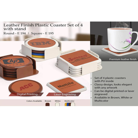 Leather finish Plastic coaster set of 4 with stand (round) -  E 194 MARSH Corporate gifts