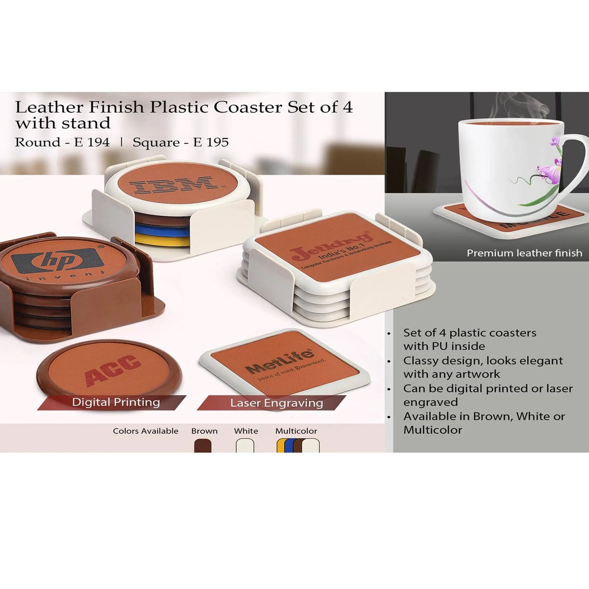Leather finish Plastic coaster set of 4 with stand (square) -  E 195 MARSH Corporate gifts