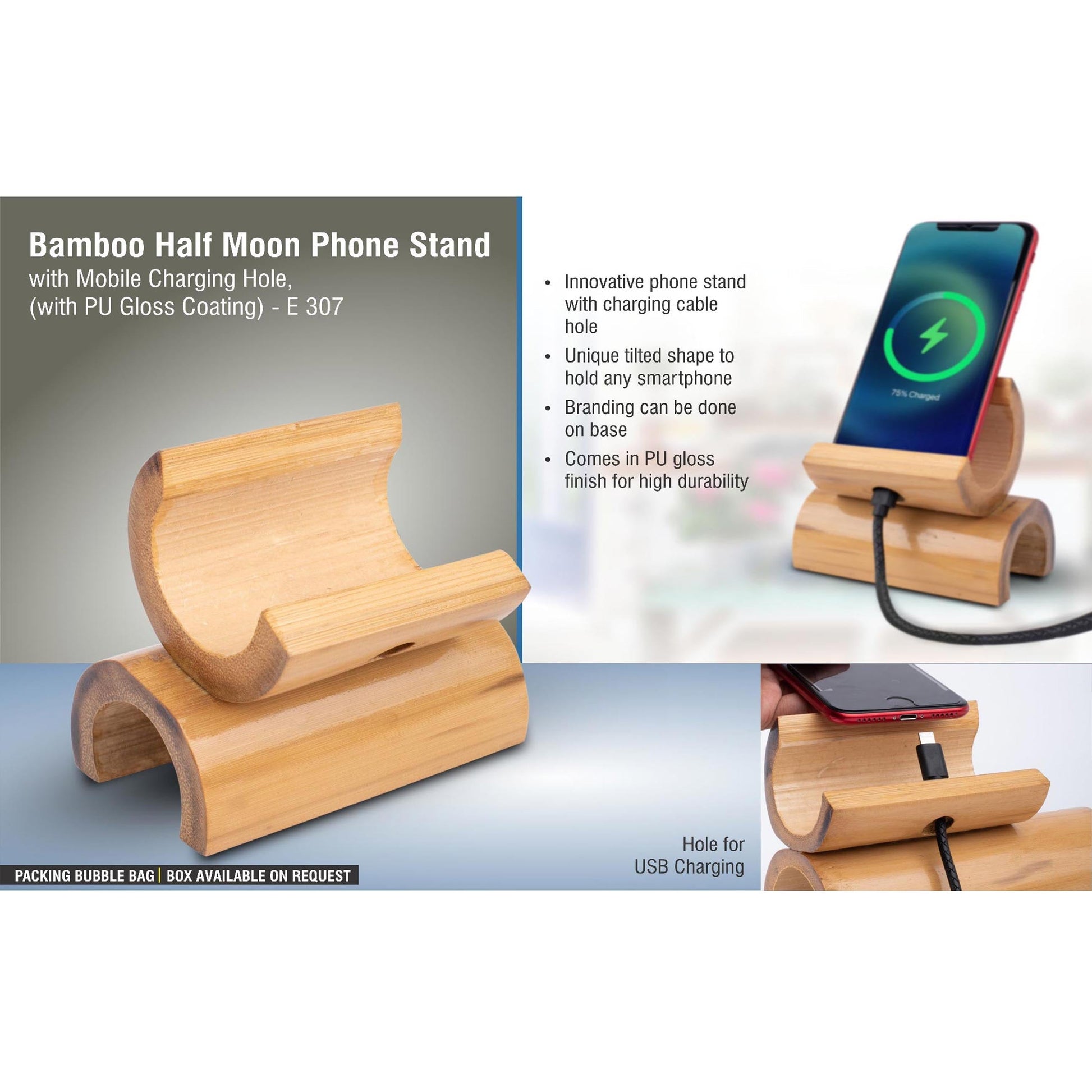 Bamboo Half moon phone stand with mobile Charging hole, (with PU Gloss coating)    -  E 307 MARSH Corporate gifts