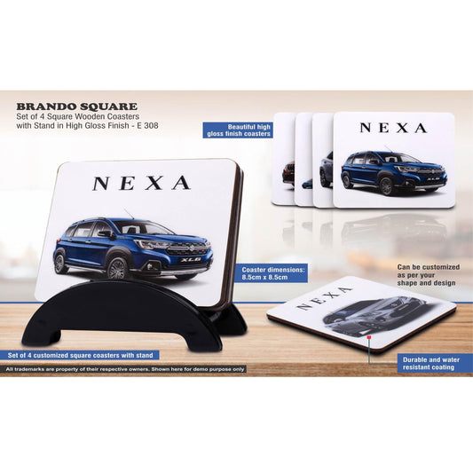 Brando Square: Set of 4 Square Wooden coasters with Stand in High Gloss Finish | MOQ 100 pcs    -  E 308 MARSH Corporate gifts