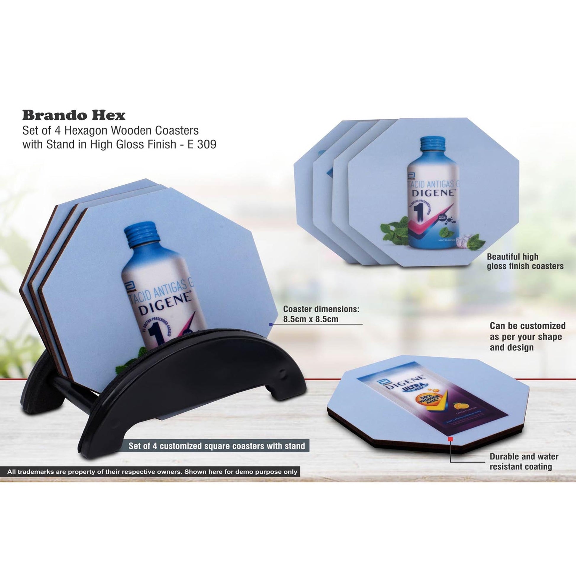 Brando Hex: Set of 4 Hexagon Wooden coasters with Stand in High Gloss Finish | MOQ 100 pcs  -  E 309 MARSH Corporate gifts