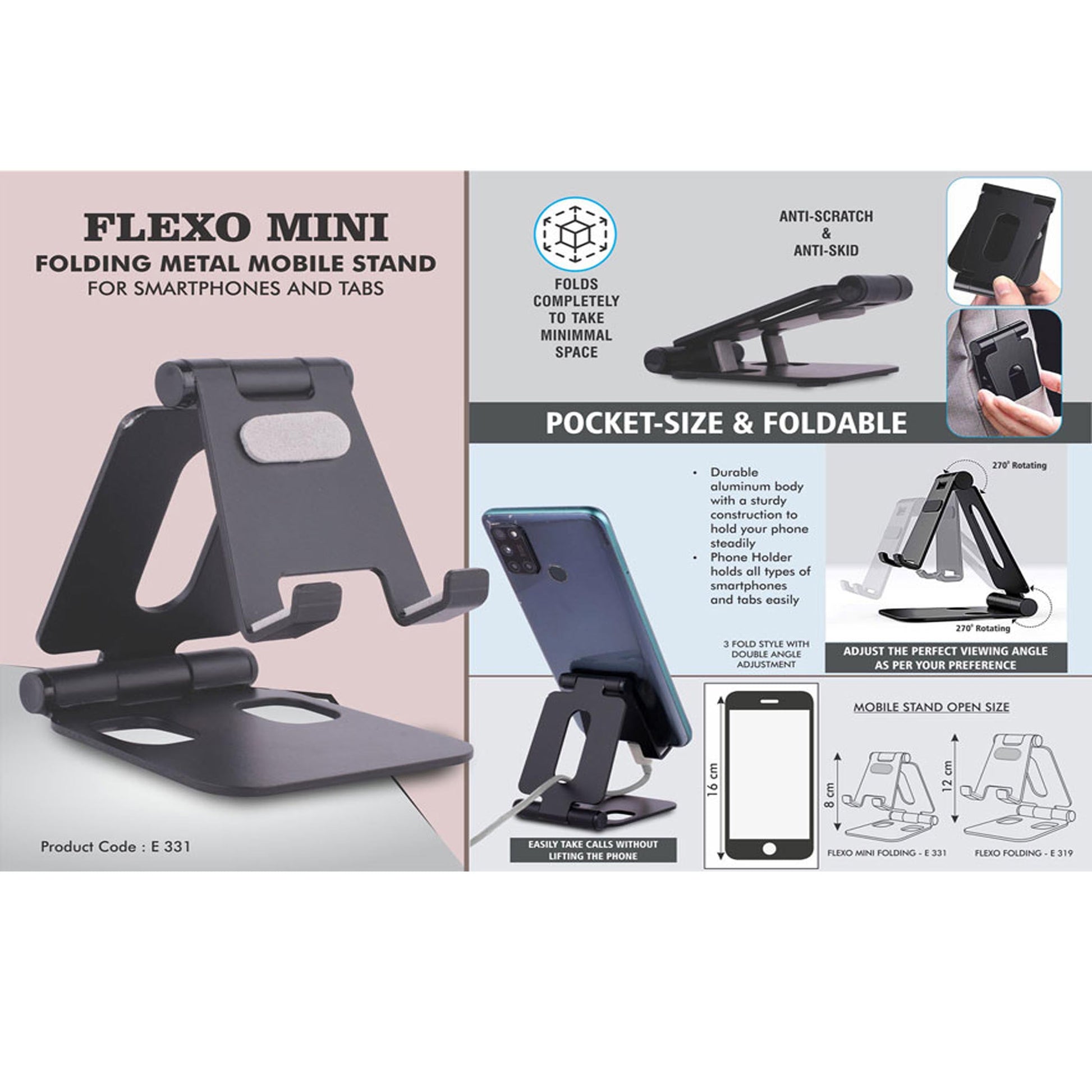 Flexo Mini: Folding Metal Mobile Stand for Smartphones and Tabs | Folds completely to take minimal space | 3 fold style with double angle  -  E 331 MARSH Corporate gifts