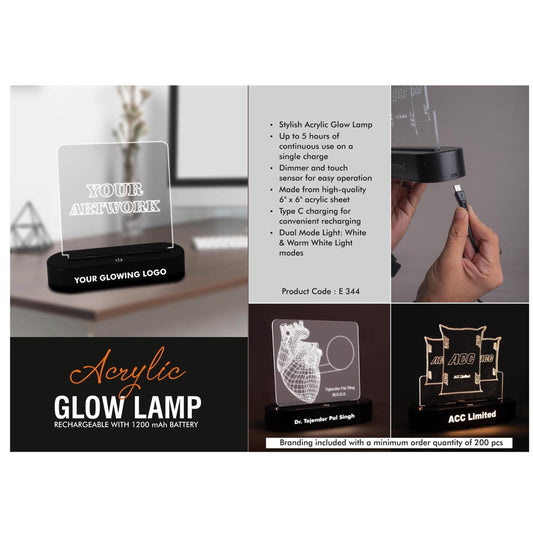 Acrylic Glow Lamp - Rechargeable| 1200 mAh battery| White &  Warm white light| Dimmer & Touch Sensor| 6 x 6" Acrylic sheet|  Type C charging -  E 344 MARSH Corporate gifts