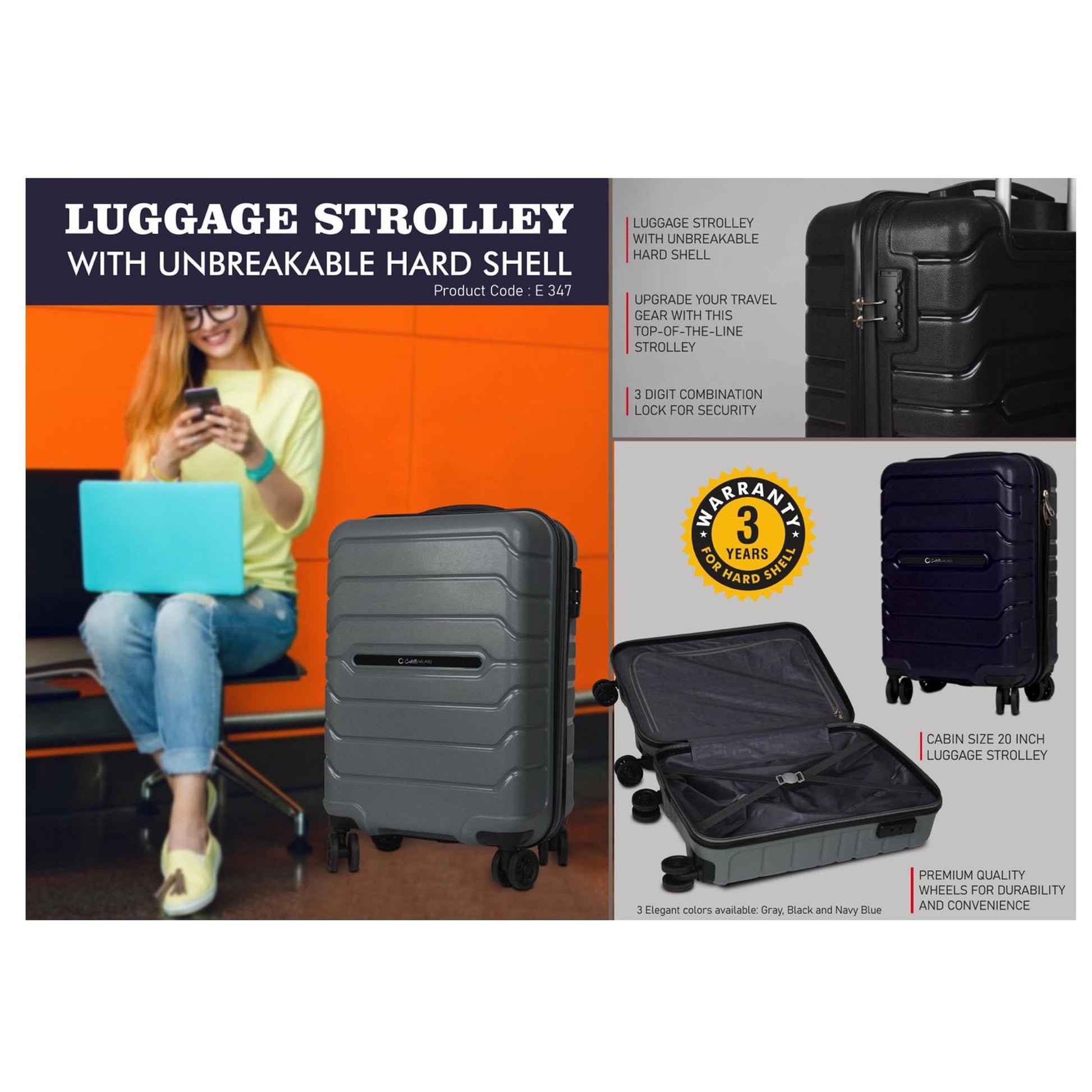 Cabin Size 20 inch Luggage Strolley with Unbreakable Hard  Shell | High quality wheels - E 347 MARSH Corporate gifts