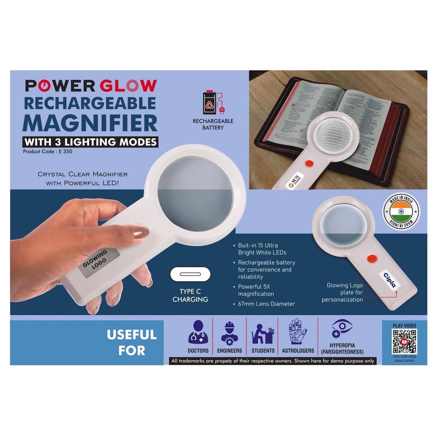 PowerGlow Rechargeable Magnifier with 3 lighting modes &  Glowing Logo plate | Type C charging -  E 350 MARSH Corporate gifts