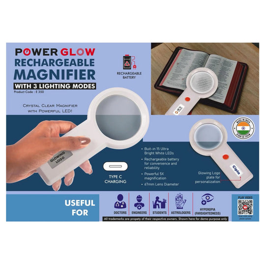 PowerGlow Rechargeable Magnifier with 3 lighting modes &  Glowing Logo plate | Type C charging -  E 350 MARSH Corporate gifts